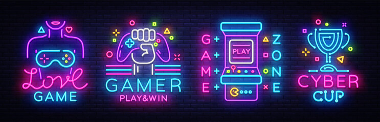 Video Game neon sign collection vector. Conceptual Logos, Love Game, Gamer logo, Game Zone, Cyber sport Emblem in Modern Trend Design, Vector Template, Light Banner, Design Element. Vector © Ivan
