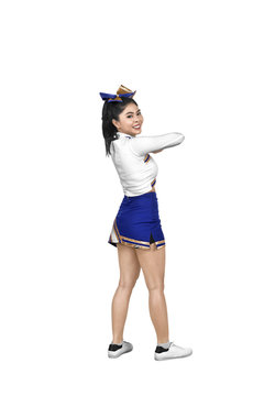 Images of asian cheerleader wearing white and blue suit