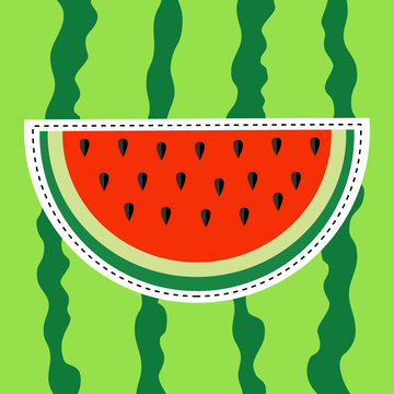 Watermelon slice sticker icon. Dash line. Cut half seeds. Red fruit berry flesh. Natural healthy food. Sweet water melon. Tropical fruits. Green striped peel background. Flat design