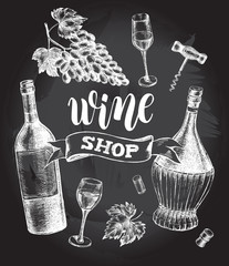Wine concept set. Bottles, glasses, cork, grape bunch, corkscrew. Ink hand drawn Vector illustration with brush calligraphy style lettering. Drink element for menu design.