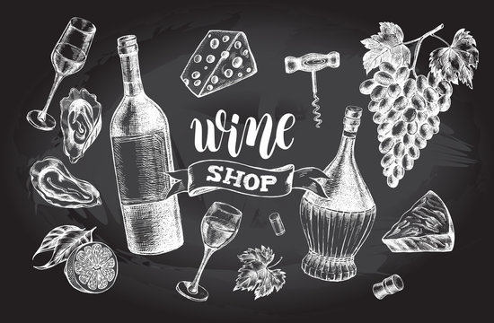 Wine concept set. Bottles, glasses, cork, grape bunch, corkscrew, oysters, cheese. Ink hand drawn Vector illustration with brush calligraphy style lettering. Drink element for menu design.