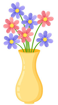 Yellow vase with purple and pink flowers