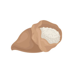 Open burlap bag with rice or flour. Small brown textile sack. Flat vector element for promo banner or poster of farm products