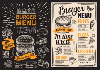 Fotobehang Burger restaurant menu. Food flyer on blackboard background for bar and cafe. Design template with vintage hand-drawn illustrations. © marchiez