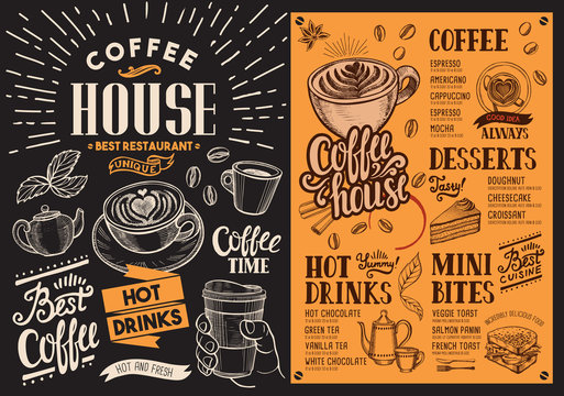 Coffee restaurant menu blackboard. Vector drink flyer for bar and cafe. Design template with vintage hand-drawn food illustrations.