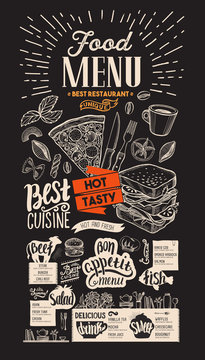 Food menu for restaurant. Vector food flyer for bar and cafe on chalkboard background. Design template with vintage hand-drawn illustrations.