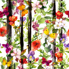 Meadow flowers, wild grass, summer butterflies at monochrome striped pattern. Repeating floral background. Summer watercolor with black stripes