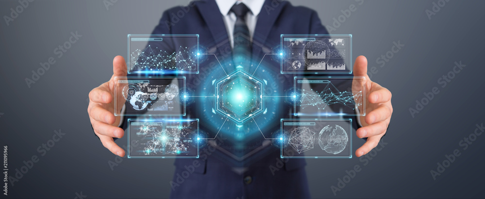 Poster Businessman using digital screens interface with holograms datas 3D rendering