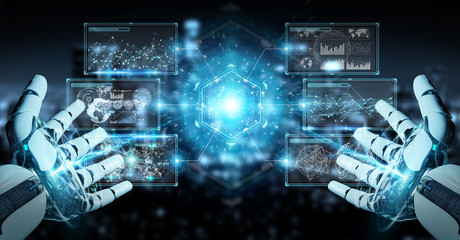 White cyborg hand using digital datas interface 3D rendering