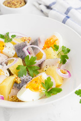 Potato salad with herring, egg, onion, tasty snack with mustard in white plate
