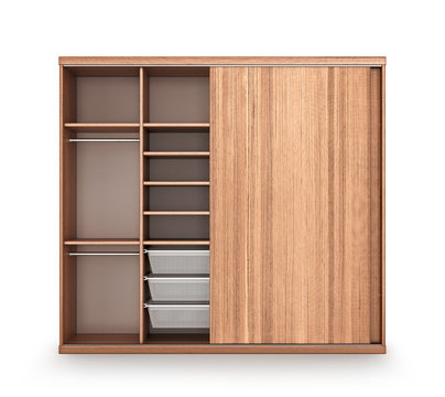 modern wooden wardrobe with open doors. 3d illustration