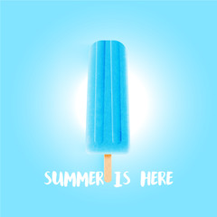 Realistic colorful icecream with 'summer is here' title, vector illustration