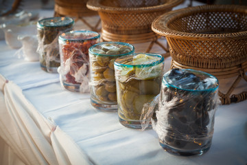 Vegetable salad on plastic wrap for buffet line in wedding party.