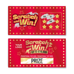 Template cards with scratch and win letters. Golden colors letters.