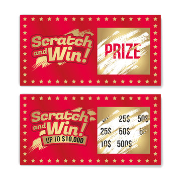 Template cards with scratch and win letters. Golden colors letters.