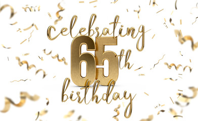 Celebrating 65th birthday gold greeting card with confetti. 3D Rendering