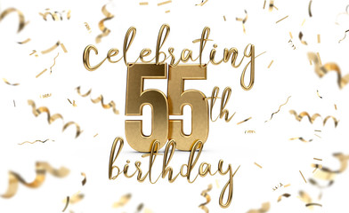 Celebrating 55th birthday gold greeting card with confetti. 3D Rendering