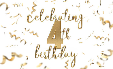 Celebrating 4th birthday gold greeting card with confetti. 3D Rendering