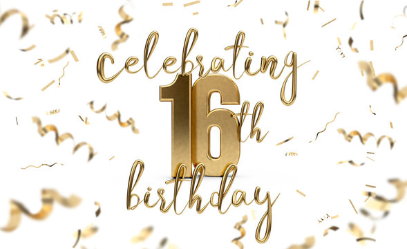 Celebrating 16th birthday gold greeting card with confetti. 3D Rendering