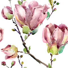 Fototapeta premium watercolor magnolia blossom branch seamless pattern