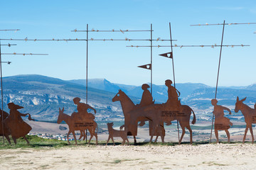 Way of Santiago. Camino de Santiago. Monument of pilgrims on mountain Perdon, near Pamplona,...