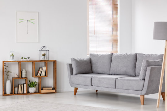 Real photo of a scandi living room interior with gray settee standing near the window, next to a wooden bookcase with plants and books