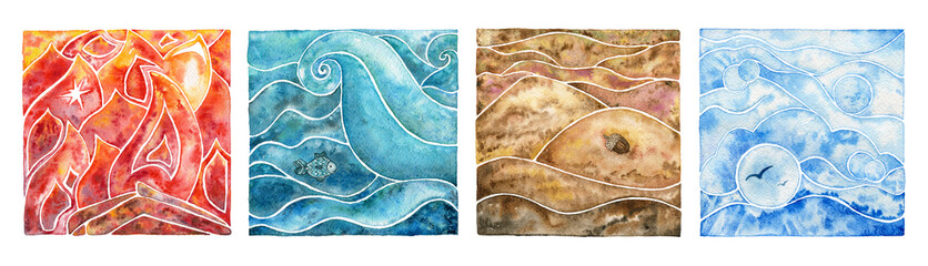 Fototapeta premium Four natural elements: fire, water, air and earth. Watercolor illustration set.