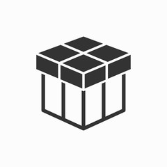 Gift box surprise icon. Birthday present symbol. Simple pictogram for graphic and web design. Black vector illustration isolated on white.