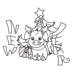 Happy New 2019 Year card with cartoon baby pig. Small symbol of holiday.