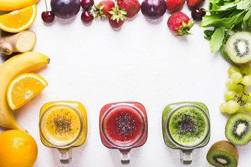 Selection of multicolored smoothies and ingredients. Detox Health Cooking Food Concept