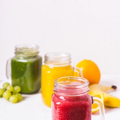 Selection of multicolored smoothies and ingredients. Detox Food Concept