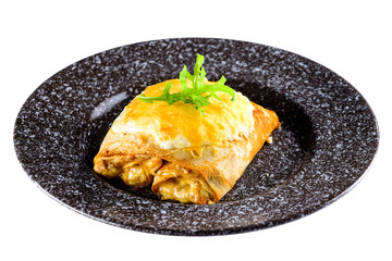 Delicious pancake blini with cheese isolated on white