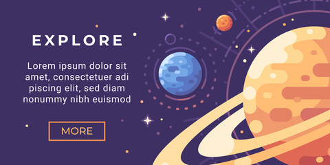 Space exploration banner flat illustration. Astronomy banner with planets and stars.