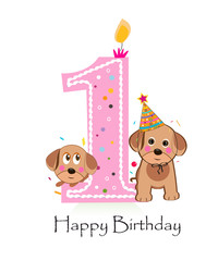 Happy first birthday with cute dogs baby girl greeting card