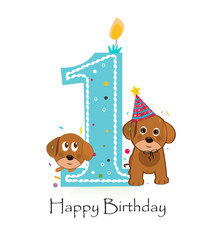 Happy first birthday with cute dogs baby boy greeting card