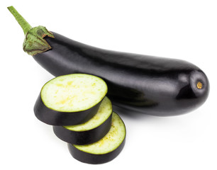 Aubergine or eggplant with aubergine slices isolated on white background. File contains clipping paths