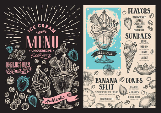 Ice cream restaurant menu. Vector dessert food flyer for bar and cafe. Design template with vintage hand-drawn illustrations on blackboard background.
