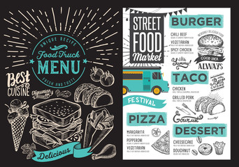 Food truck menu for street festival on blackboard background. Design template with hand-drawn graphic illustrations. - 211101746