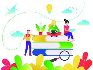 Education concept of online tutorial training courses, web education or video courses flat style design vector illustration. Student studying with online tutorials, books and devices isolated gradient