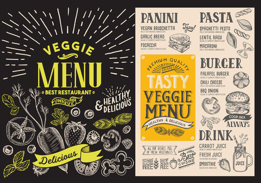 Menu for vegetarian restaurant. Vector food flyer for bar and cafe. Design template with food hand-drawn graphic illustrations.