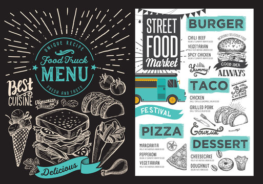 Food truck menu for street festival on blackboard background. Design template with hand-drawn graphic illustrations.