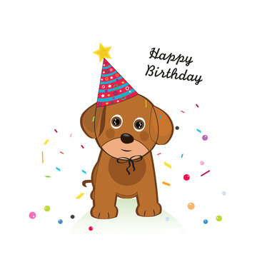 Dog with balloon and confetti. Happy birthday greeting card