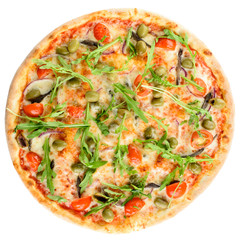 Appetizing hot Italian pizza with meat, tomatoes and olives isol