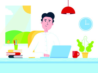 Freelance male in white shirt working on a laptop computer at the home office. Man, notebook, table, books, pen, pencil, lamp, cup of coffee, window, clock flat style vector illustration isolated.