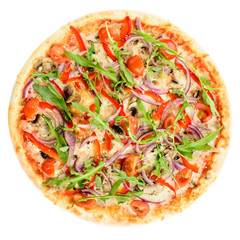 Appetizing hot Italian pizza with meat, tomatoes and pepper isol