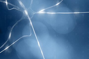 Abstract neuron cell in the brain on blue bokeh cyberspace copy space background. Selective focus...
