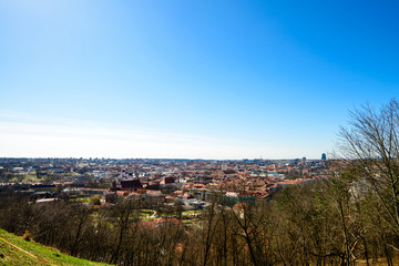 Beautiful spring panorama of Vilnius old town at sunny day. View