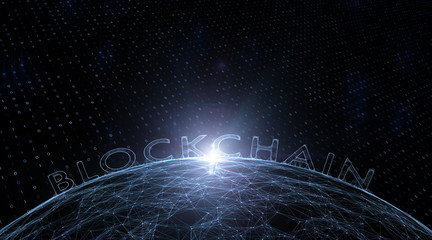 Blockchain word on futuristic dark blue cyberspace illustration background with binary numbers.