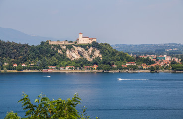 View of Rocca Borromea in Angera town, Angera, Maggiore Lake, Varese, Lombardy, Italy.