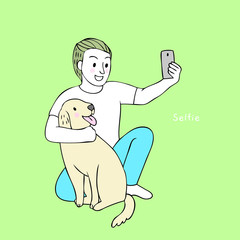 Cartoon cute man and dog selfie together vector.
